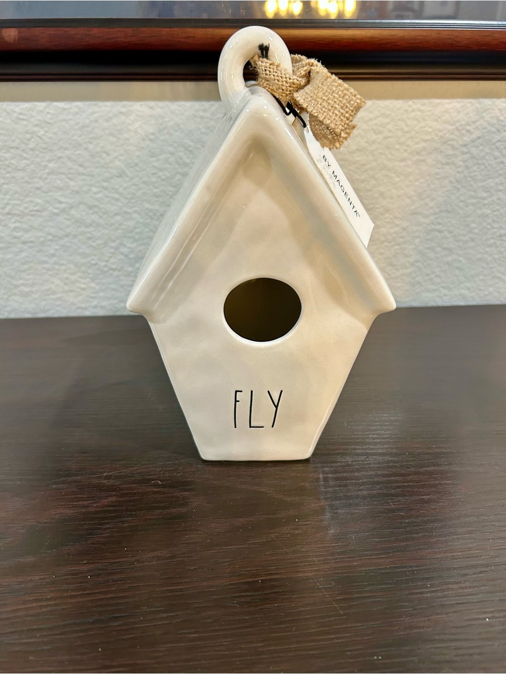Rae Dunn Ceramic Birdhouse in Cream with Burlap Accent “FLY”
